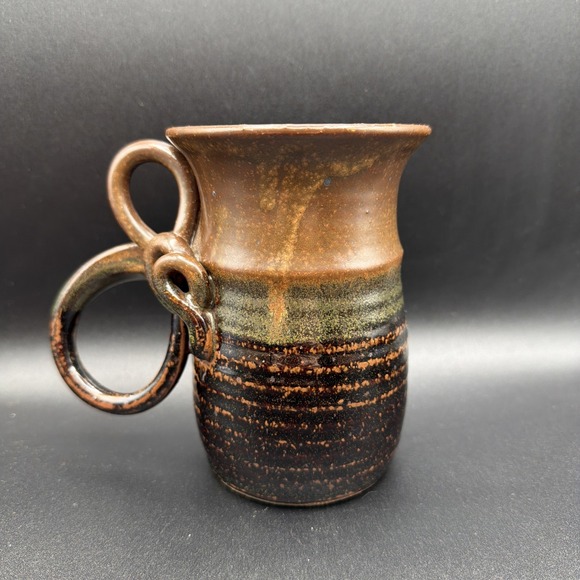 Handmade Other - Handmade Wheel Thrown Stoneware Pottery Mug Earthy Tones Unique Handle 5" Tall